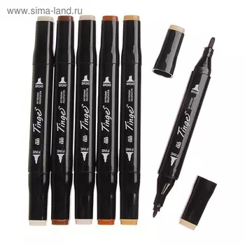 Набор маркеров Superior Tinge, профессиональные, двусторонние, чёрный корпус, 6 штук, 6 цветов, телесные оттенки, MS-818