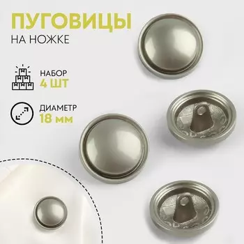 Пуговицы на ножке, металлические, d=18 мм, набор 4 шт., матовые, цвет серебряный