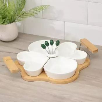 Набор мисок керамический для снэков на деревянной подставке «Эстет», 4 предмета, со шпажками