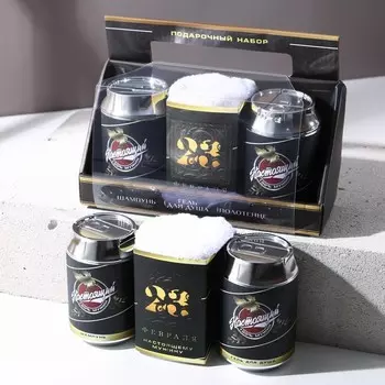 Набор "Настоящий мужчина": шампунь для всех типов волос, 250 мл; гель для душа, аромат сливочного пива, 250 мл; полотенце