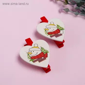 Набор новогоднего декора на прищепке, 6 шт. "Сердечки со снеговиками"