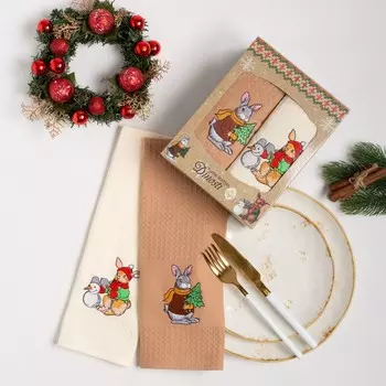 Набор новогодних полотенец вафельных Зимние игры, размер 33х60см, 2 шт, вафля 190г/м, 100% хлопок