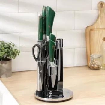 Набор ножей на подставке «Молния», 5 шт, в комплекте с ножницами и мусатом, цвет зелёный