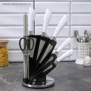 Набор ножей на подставке Overlord, лезвие: 8,5 см, 12 см, 17 см, 19,5 см, 20 см, мусат, ножницы, цвет белый