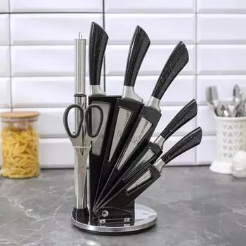 Набор ножей на подставке Overlord, лезвие: 8,5 см, 12 см, 17 см, 19,5 см, 20 см, мусат, ножницы, цвет чёрный