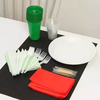 Набор пластиковой одноразовой посуды на 10 персон Не ЗАБЫЛИ! «На природу»