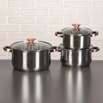 Набор «Омега», 6 предметов: кастрюли 1,9/2,7/3,6/6,1 л, ковш 1,9 л, сотейник с антипригарным покрытием 24×6,5 см, капсульное дно, стеклянные крышки