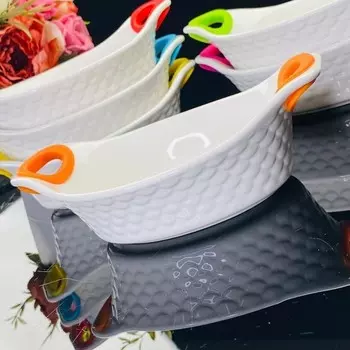 Набор овальных салатников Lenardi, с ручками, фарфор, длина 17 см, 6 шт