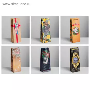 Набор пакетов крафт под бутылку «Счастья в Новом году!», 13 × 36 × 10 см. 6 шт.