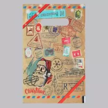 Набор пакетов "Новогодняя почта",с вырубной ручкой по 50 шт, коричневая, 20х30 см, 30 мкм