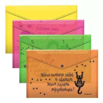 Набор папок-конвертов А4, 160 мкм, ErichKrause Sarcastic Animals, 4 шт., глянцевые, до 120 листов, МИКС