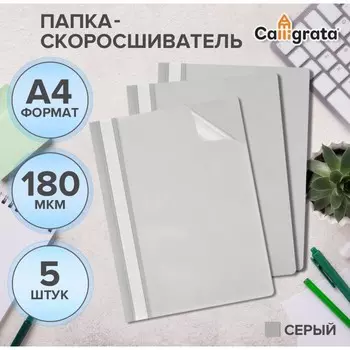 Набор папок-скоросшивателей А4, 5 штук, Calligrata, 180 мкм, с прозрачным верхом, серый