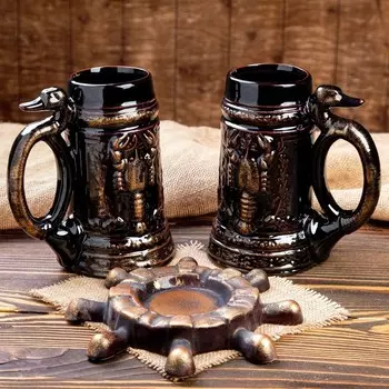 Набор пивной "Штурвал", 3 предмета, декоративная подставка, 2 бокала 1.1 л, микс