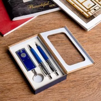 Набор подарочный 3 в 1, 2 ручки, фонарик синий