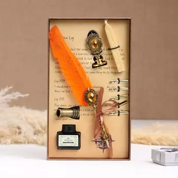 Набор подарочный 5 в 1 «Реликвия»: перьевая ручка оранжевая, чернила, печать, воск