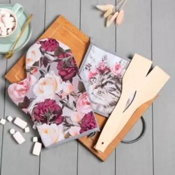 Набор подарочный «Доляна» Flower cat: варежка 2028 см, прихватка 1717 см, 2 лопатки