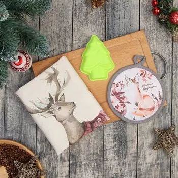 Новогодний подарочный набор Этель "Тепло внутри": кухонное полотенце 40х73см, прихватка 17х17см; хлопок 100%