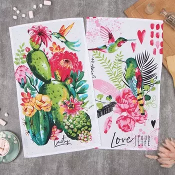 Набор полотенец кухонный «Доляна. Счастливые птички», 3560 см-2 шт., 100% хлопок