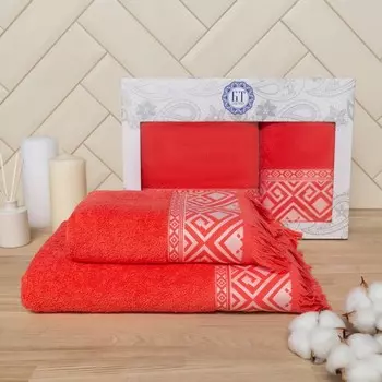 Набор полотенец в коробке Сахара, размер 50х90+70х140 см, цвет коралловый, махра, 450 г/м, 100% хлопок