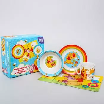 Набор посуды 4 предмета: тарелка Ø 16,5 см, миска Ø 14 см, кружка 200 мл, коврик в подарочной упаковке, Медвежонок Винни и его друзья