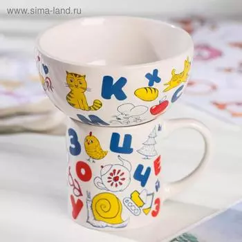 Набор посуды «Алфавит», 2 предмета: кружка 200 мл, миска 300 мл