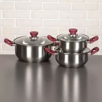 Набор посуды «Черри», 4 предмета: 3 кастрюли 2/3/5 л, ковш 1,5 л, стеклянные крышки, капсульное дно, цвет ручек бордовый