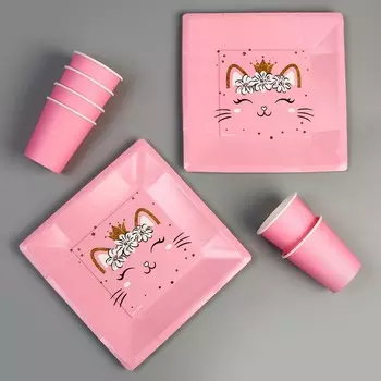 Набор посуды «Котик»: стаканы 6 шт., тарелки 6 шт.