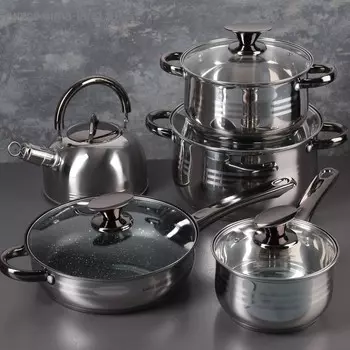 Набор посуды «Софи», 5 предметов: кастрюли 3,6/6,1 л, ковш 1,9 л, чайник 2,5 л, сотейник 2,9 л, антипригарное покрытие, стеклянные крышки