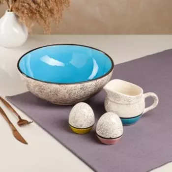 Набор посуды "Султан", керамика, желтый, синий, розовый, 4 предмета: салатница 2.7 л, соусник 300 мл, солонка 100 мл, Иран