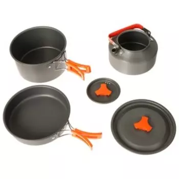 Набор посуды туристический (кастрюля, сковородка, чайник, стаканы 2шт, приборы, карабин) 78, уценка (нет крышки у чайника)