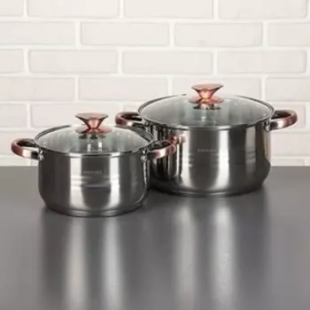 Набор посуды «Злата», 4 предмета: кастрюли 3,6/6,1 л, ковш 1,9 л, сотейник d=24 см, антипригарное покрытие, капсульное дно, стеклянные крышки