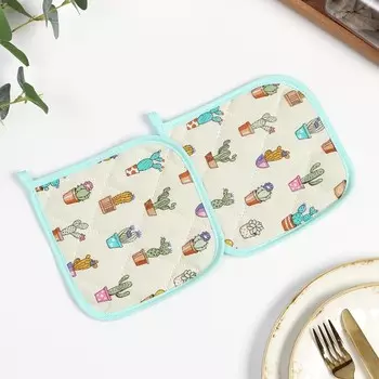 Набор прихваток Мари Санна Кактус+бирюза 18х18см 2 шт, рогожка, 150г/м, хл100%