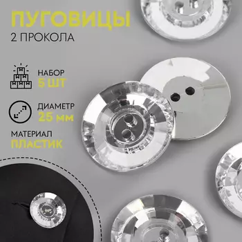 Пуговицы «Хрусталь», 2 прокола, d=25 мм, набор 5 шт., цвет серебряный