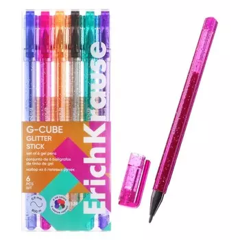 Набор ручек гелевых 6 цветов ErichKrause "G-Cube Stick Glitter" игольчатый узел 1.0 мм, с блестками, микс