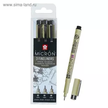 Набор ручек капиллярных 3 штуки (линеры 0.3, 0.4, 0.5), Sakura Pigma Micron, цвет Черный (пигментные светостойкие чернила)