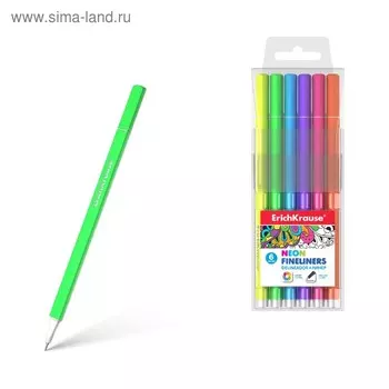 Набор ручек капиллярных 6 цветов, 0.4 мм, ErichKrause, неоновая палитра, линия 0.4 мм, трехгранный корпус, игольчатый узел, чехол с европодвесом