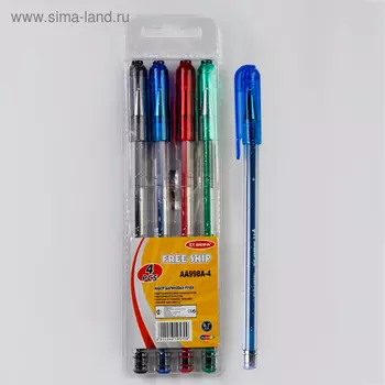 Набор ручек шариковых 4 цвета Beifa, корпус с блестками, европодвес