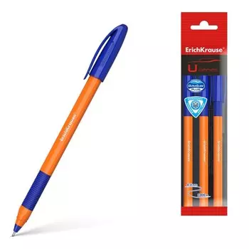 Набор ручек шариковых 3 штуки, ErichKrause U-109 Orange Stick&Grip, игольчатый узел 1.0 мм, чернила синие, супермягкое письмо, резиновый держатель, корпус оранжевый