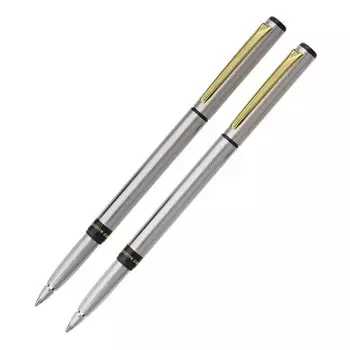 Набор ручка шариковая + роллер PIERRE CARDIN PEN&amp;PEN, корпус латунь и хромоникилевое покрытие, отделка сталь и позолота, серебристый