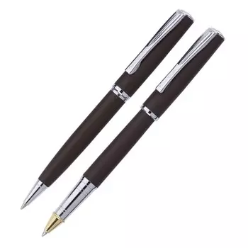 Набор ручка шариковая + роллер PIERRE CARDIN PEN&amp;PEN, корпус латунь и матовое порошковое покрытие, отделка сталь и хром, коричневый