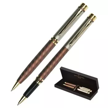 Набор ручка шариковая + роллер PIERRE CARDIN PEN&amp;PEN, корпус латунь матовая, отделка никель и позолота, узел 0.7 + 0.6 мм, чернила синие, коричневый