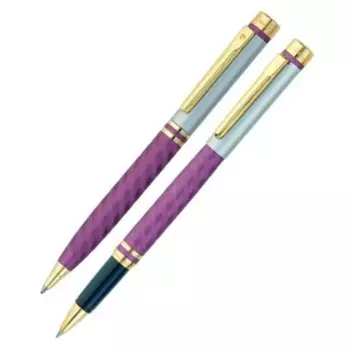 Набор ручка шариковая + роллер PIERRE CARDIN PEN PEN, корпус латунь матовая, отделка никель и позолота, узел 0.7 мм, чернила синие, сиреневая