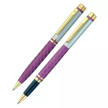 Набор ручка шариковая + роллер PIERRE CARDIN PEN&amp;PEN, корпус латунь матовая, отделка никель и позолота, узел 0.7 мм, чернила синие, сиреневая