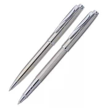 Набор ручка шариковая + роллер PIERRE CARDIN PEN&amp;PEN, корпус латунь, отделка сталь и хром, узел 0.7 мм, чернила синие, стальной