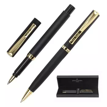 Набор ручка шариковая + роллер PIERRE CARDIN PEN&amp;PEN, корпус латунь, отделка сталь и позолота, узел 0.7 + 0.6 мм, чернила синие, черный
