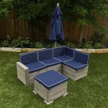 Набор садовой мебели для детей, секционный диван, пуф-стол, зонт, серо-синий