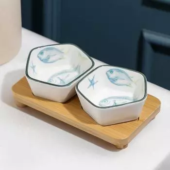 Набор салатников керамический на деревянной подставке «Подводный мир», 2 предмета, 16×9×5,5 см