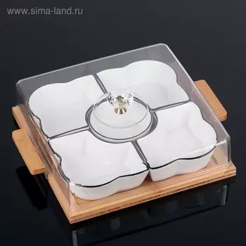 Набор салатников керамических с крышкой на деревянной подставке «Эстет. Квадрат», 5 предметов, 3327,511 см, цвет белый