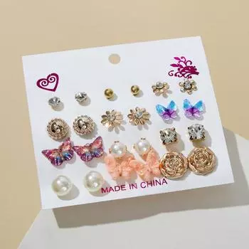 Серьги пусеты QF «Бабочки и цветочки», 12 пар, цветные в золоте