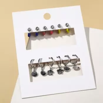 Набор серьги 6 пар "Цацки" кольца, цветочки, цветные в серебре